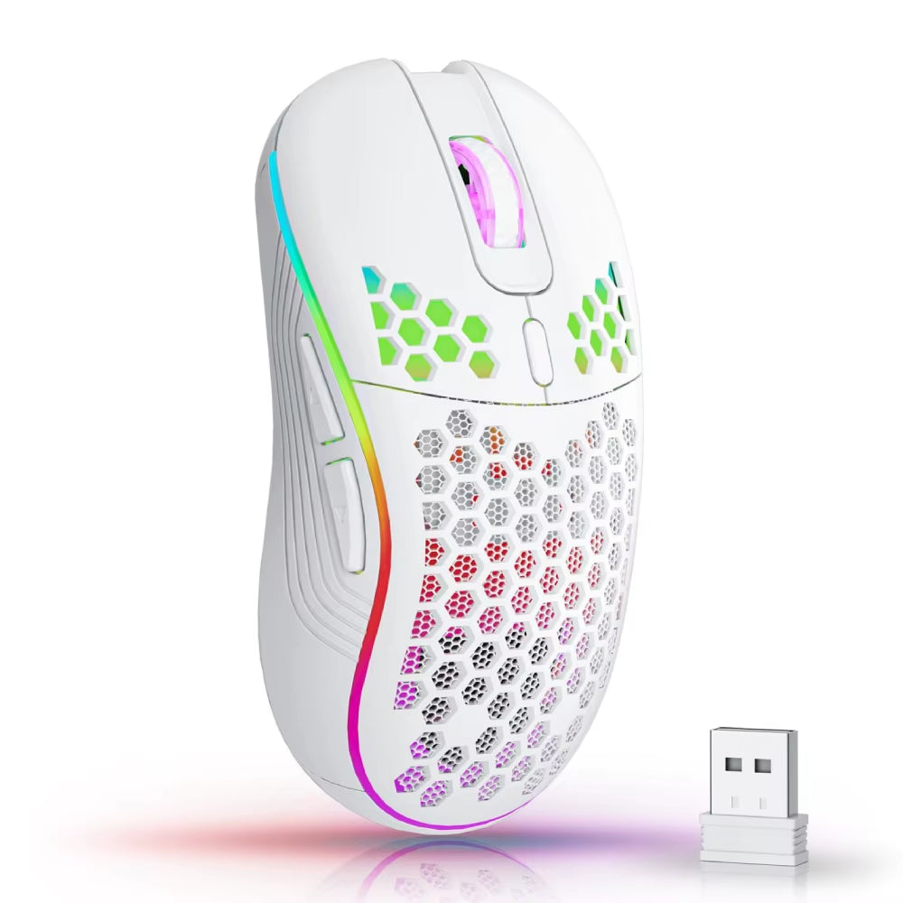 2.4G Wireless Rechargeable Mouse with Honeycomb Design, RGB Backlight, USB Receiver, and Adjustable DPI