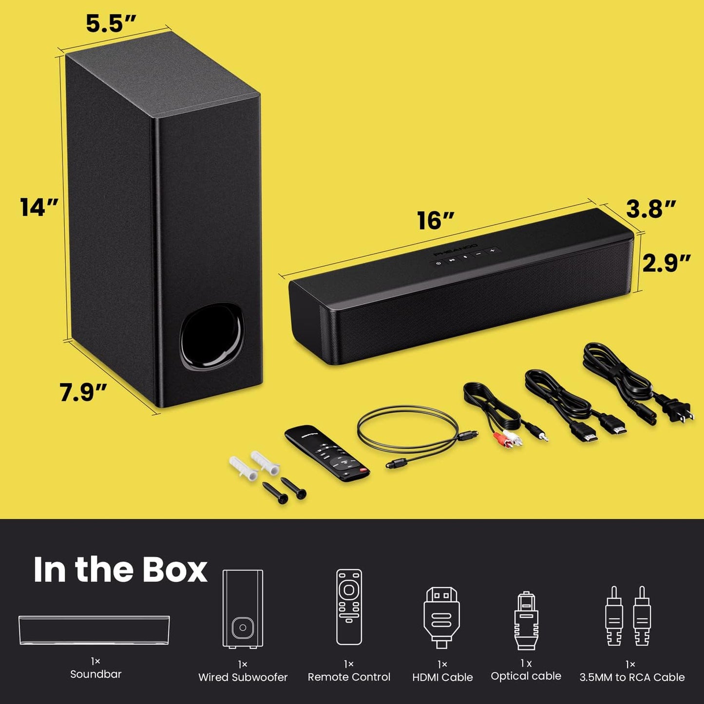 2.1 Compact Sound Bars for TV with Subwoofer, HDMI Arc/Bluetooth 5.0/Optical/Aux/Rca Connection, Remote Control, Adjustable Bass, Wall Mountable – P15, 140W, 16 Inch, Black
