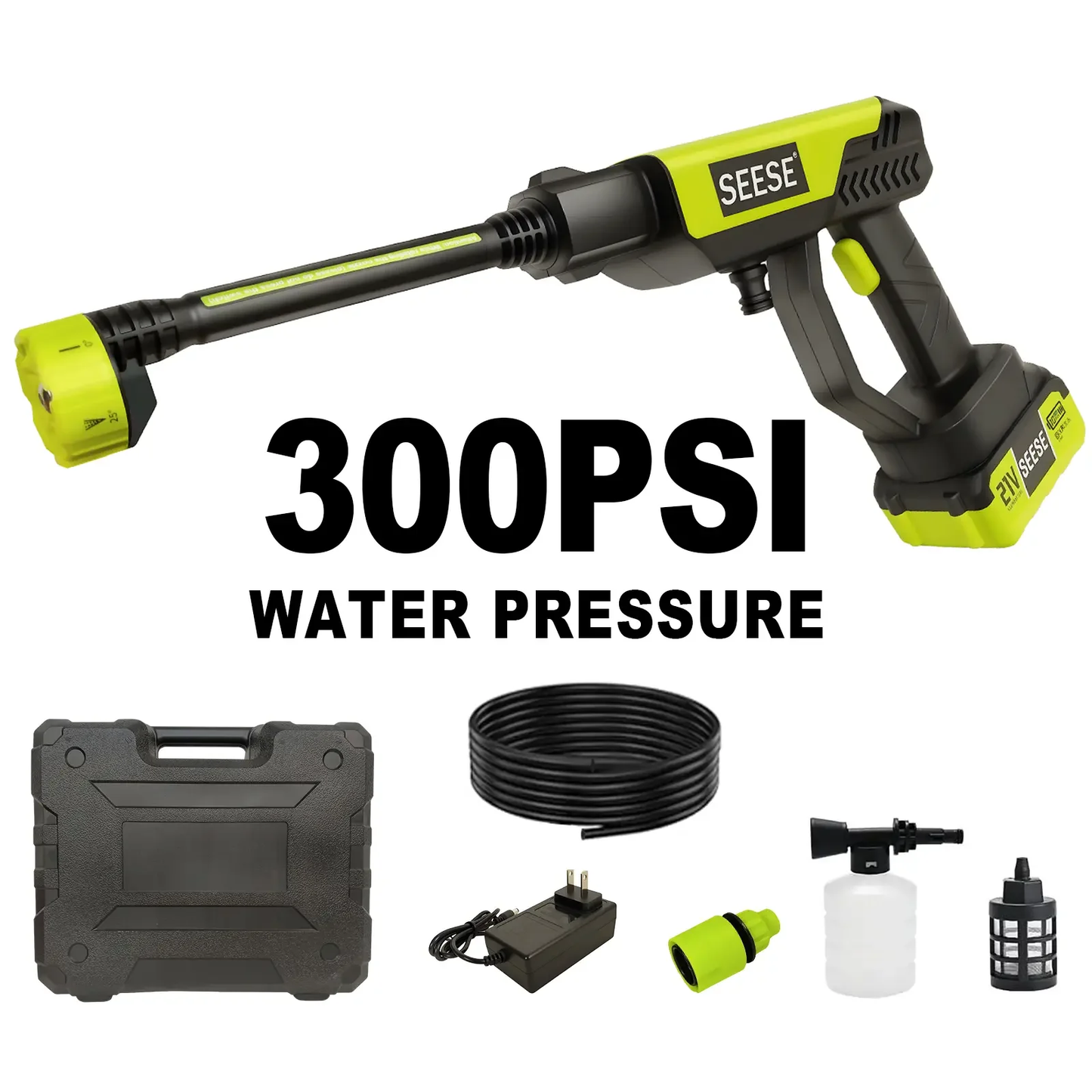 SEESE Cordless Pressure Washer with Single-Port Charger Base and Portable Water Bottle for Car Washing, Home Cleaning, and Garden Watering