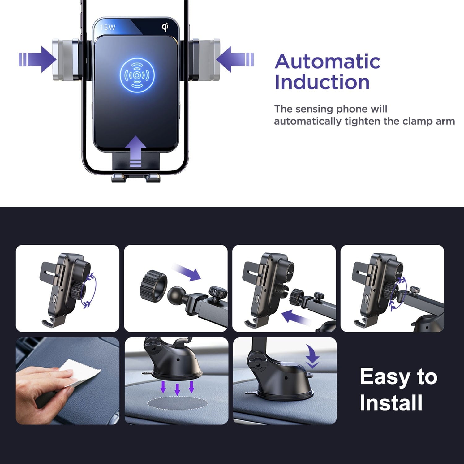 3 in 1 Wireless Car Charger, 15W Fast Charging Phone Car Mount Auto-Clamping Windshield Dashboard Air Vent Car Phone Holder for Iphone, Samsung, All Smartphones