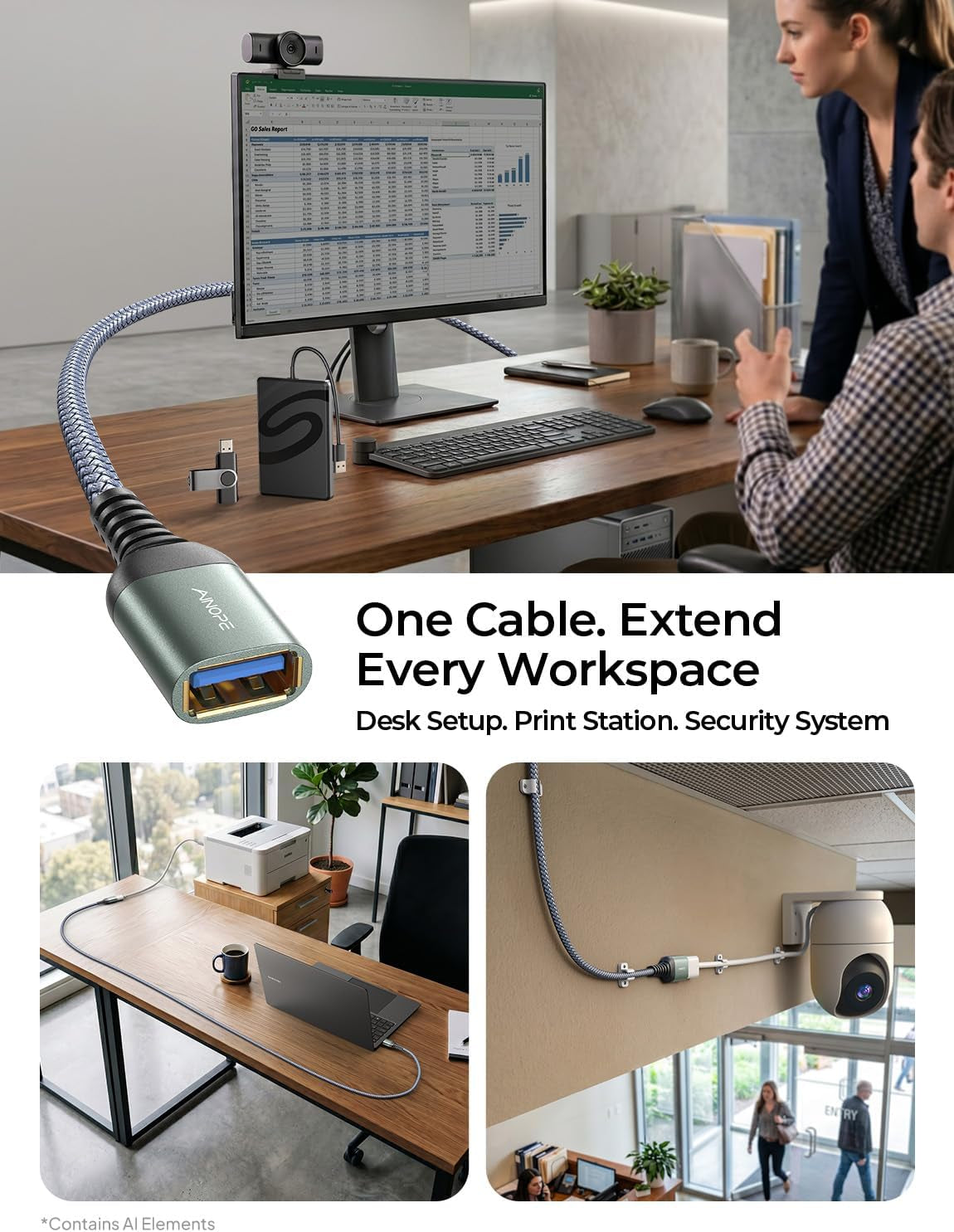10FT USB 3.0 Extension Cable, Male to Female High-Speed Data Transfer Cord, Compatible with Webcam, USB Keyboard, Flash Drive, Hard Drive, and Printer, Grey