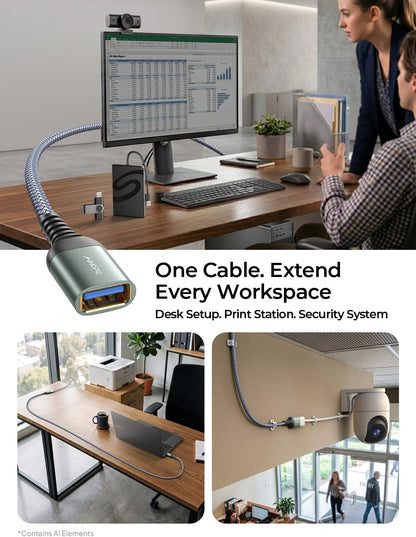 10FT USB 3.0 Extension Cable, Male to Female High-Speed Data Transfer Cord, Compatible with Webcam, USB Keyboard, Flash Drive, Hard Drive, and Printer, Grey