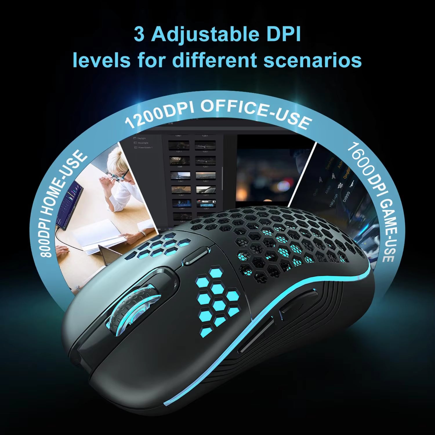 2.4G Wireless Rechargeable Mouse with Honeycomb Design, RGB Backlight, USB Receiver, and Adjustable DPI