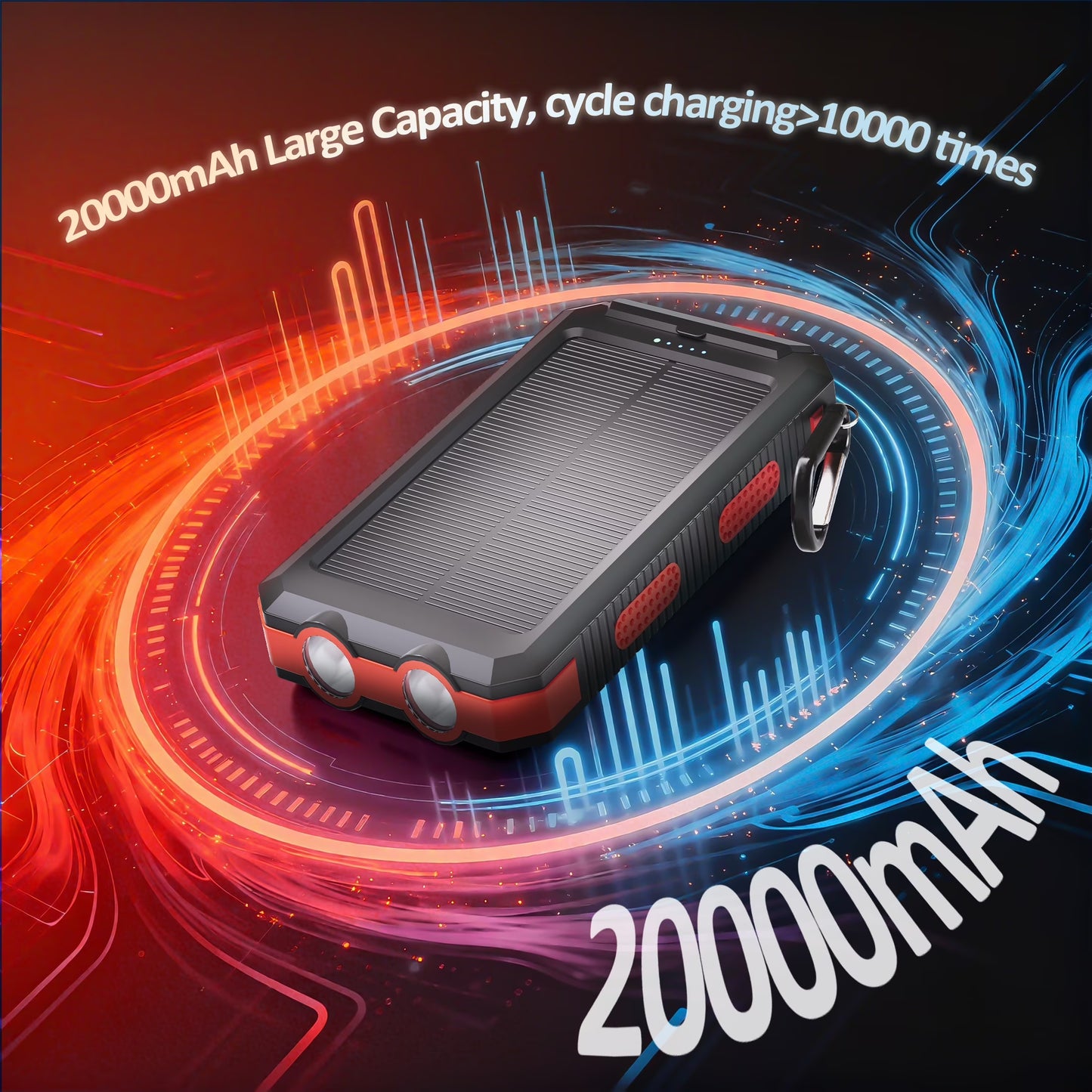 Solpowben 20000Mah Solar Power Bank Compatible for Cell Phone Iphone, Outdoor Portable Charger with Dual 5V USB Ports, 2 Flashlights & Digital Compass(Red)