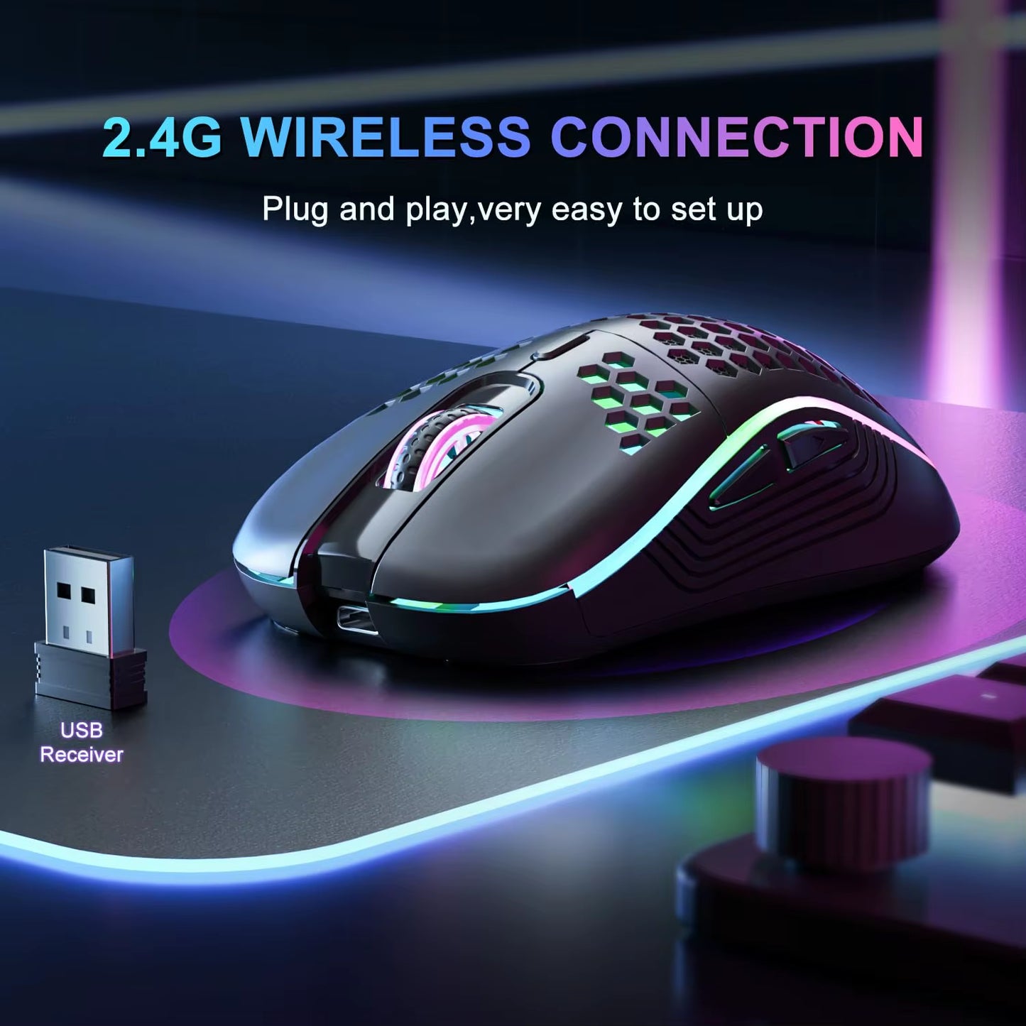 2.4G Wireless Rechargeable Mouse with Honeycomb Design, RGB Backlight, USB Receiver, and Adjustable DPI