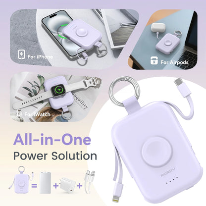 Portable Charger, 5000Mah Power Bank - Apple Watch Charger with Built-In Cables,Travel-Ready Portable Charger for Iphone 17/ 16/15/14 ,Android ,Apple Watch Ultra2/11/10/9/8, White