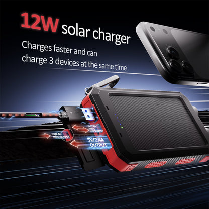 Solpowben 20000Mah Solar Power Bank Compatible for Cell Phone Iphone, Outdoor Portable Charger with Dual 5V USB Ports, 2 Flashlights & Digital Compass(Red)