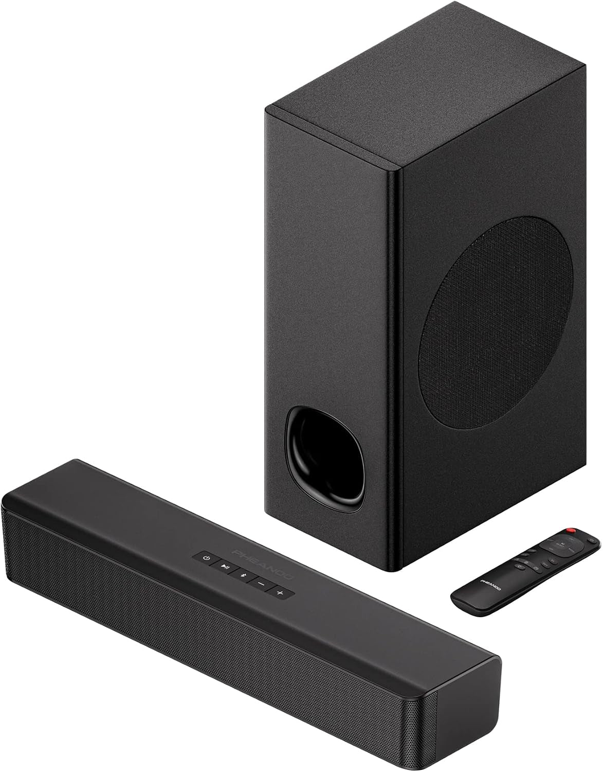 2.1 Compact Sound Bars for TV with Subwoofer, HDMI Arc/Bluetooth 5.0/Optical/Aux/Rca Connection, Remote Control, Adjustable Bass, Wall Mountable – P15, 140W, 16 Inch, Black
