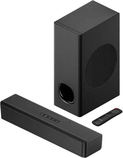 2.1 Compact Sound Bars for TV with Subwoofer, HDMI Arc/Bluetooth 5.0/Optical/Aux/Rca Connection, Remote Control, Adjustable Bass, Wall Mountable – P15, 140W, 16 Inch, Black
