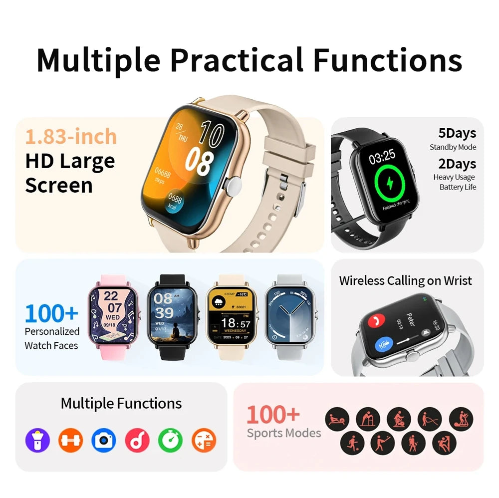 Smart Fitness Watch with Health Monitoring, Waterproof Design, and Bluetooth Call Functionality for Men and Women - Compatible with iOS and Android (Model HT30)
