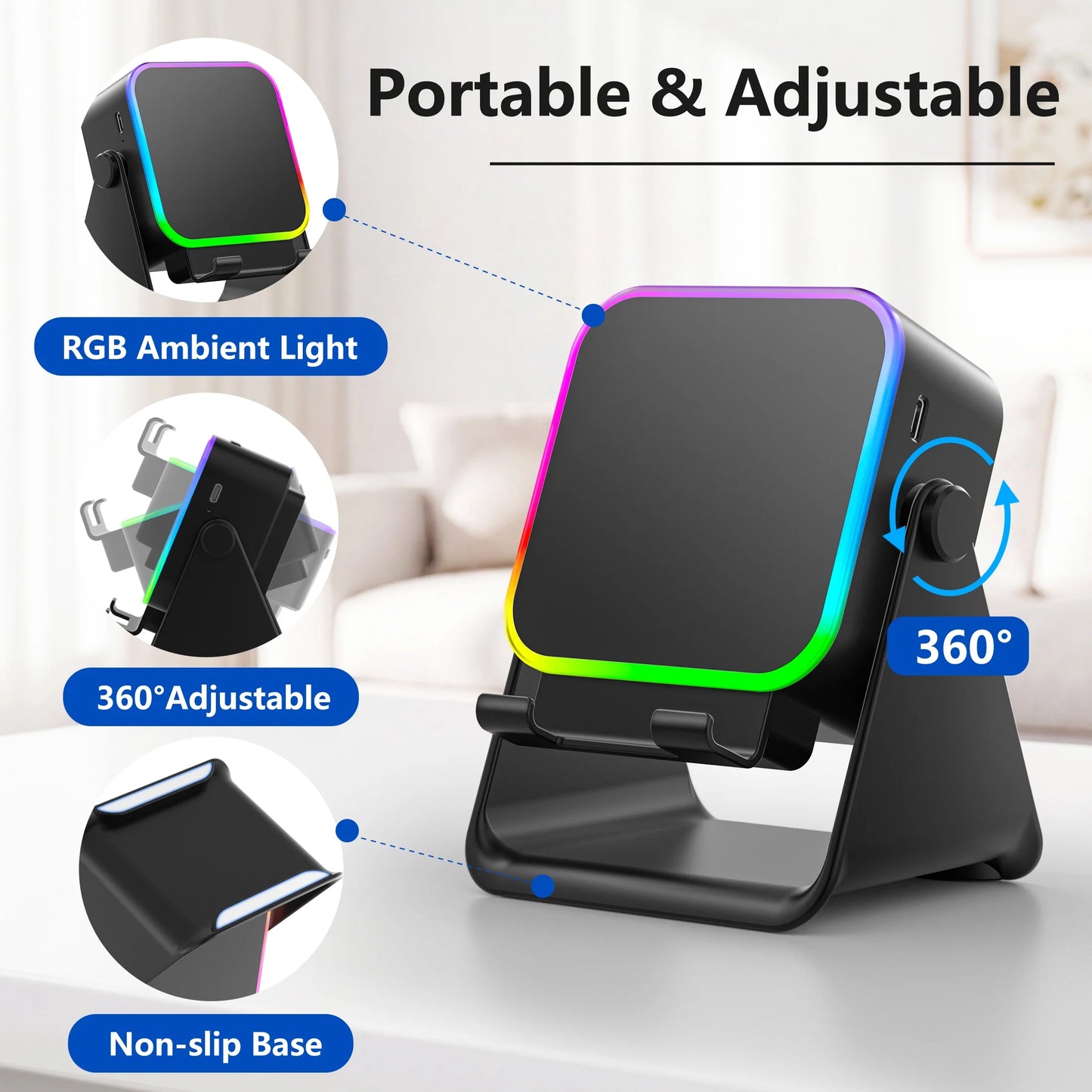 Wireless Induction Speaker, 6 in 1 Cell Phone Stand with Bluetooth Speaker, HD Stereo Sound, 5000Mah Rechargeable, Colorful Ambient Light, Compatible with Iphone/Android/Ipad, Gifts for Men Women