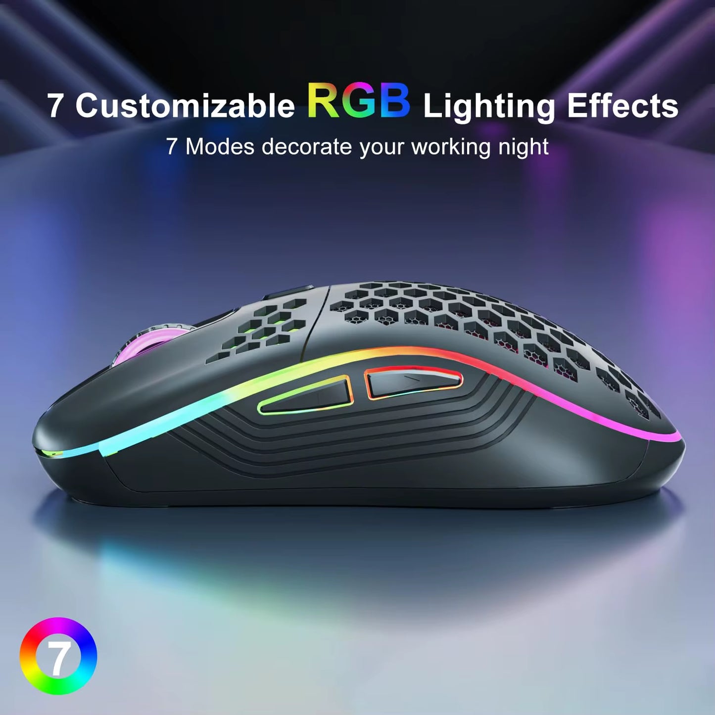 2.4G Wireless Rechargeable Mouse with Honeycomb Design, RGB Backlight, USB Receiver, and Adjustable DPI