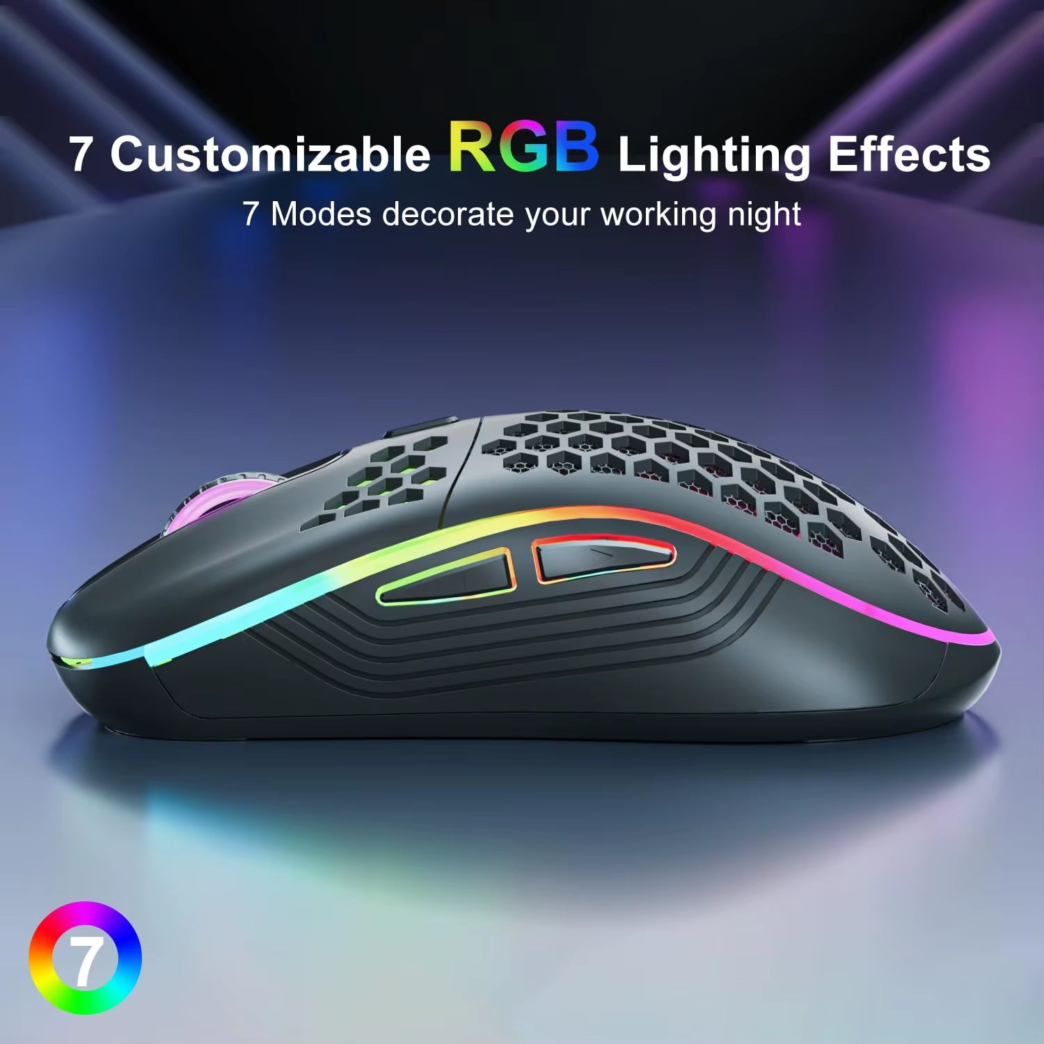 2.4G Wireless Rechargeable Mouse with Honeycomb Design, RGB Backlight, USB Receiver, and Adjustable DPI