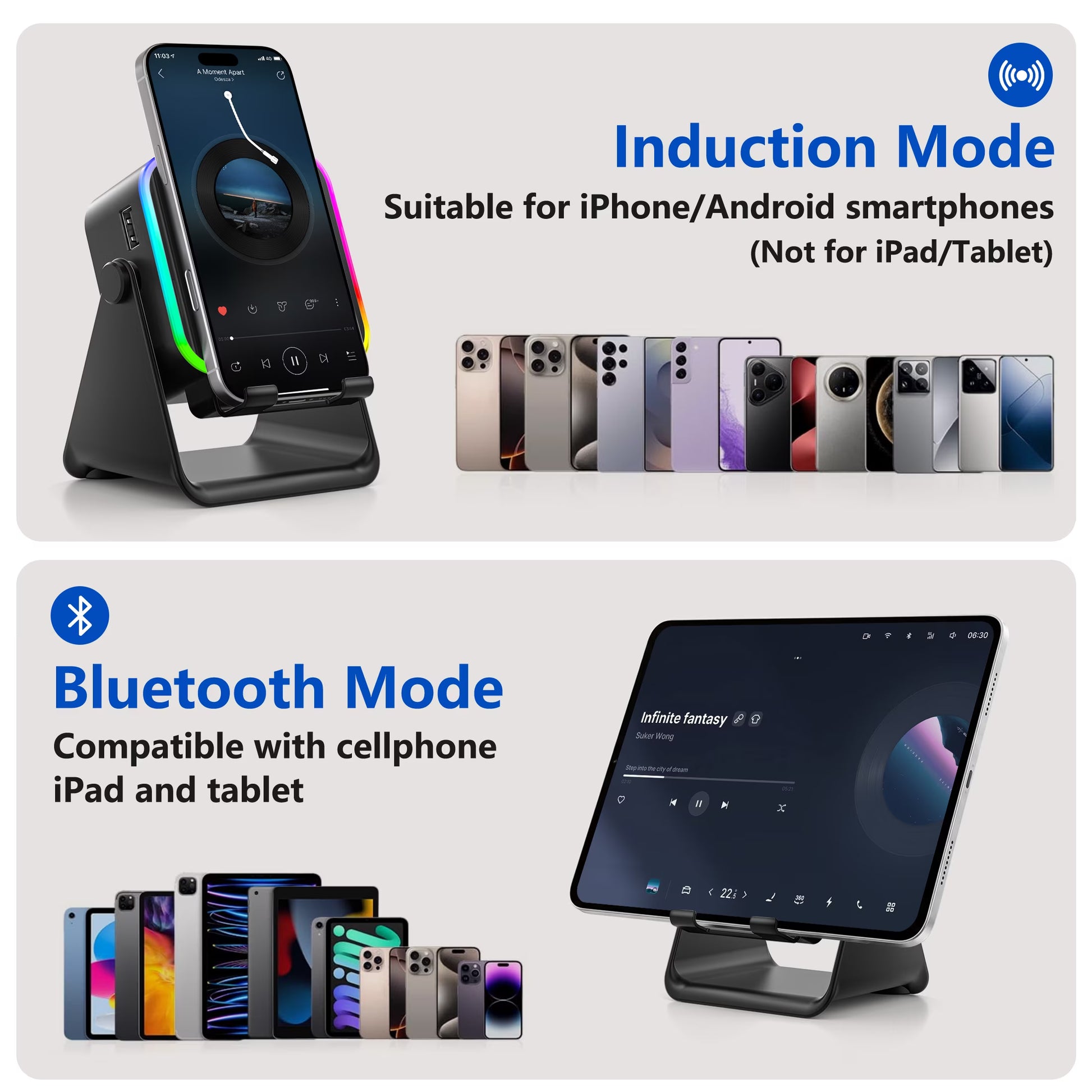 Wireless Induction Speaker, 6 in 1 Cell Phone Stand with Bluetooth Speaker, HD Stereo Sound, 5000Mah Rechargeable, Colorful Ambient Light, Compatible with Iphone/Android/Ipad, Gifts for Men Women