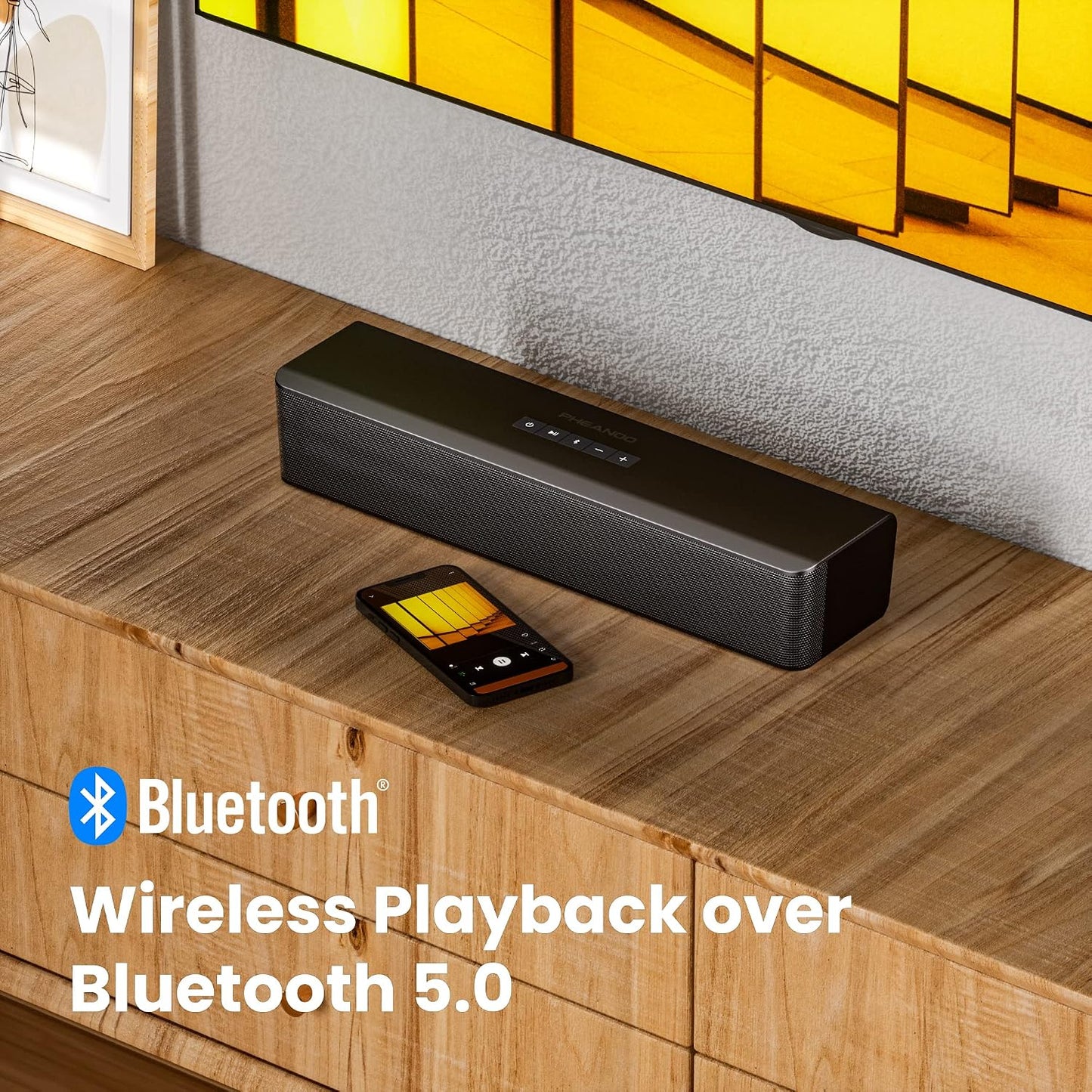 2.1 Compact Sound Bars for TV with Subwoofer, HDMI Arc/Bluetooth 5.0/Optical/Aux/Rca Connection, Remote Control, Adjustable Bass, Wall Mountable – P15, 140W, 16 Inch, Black