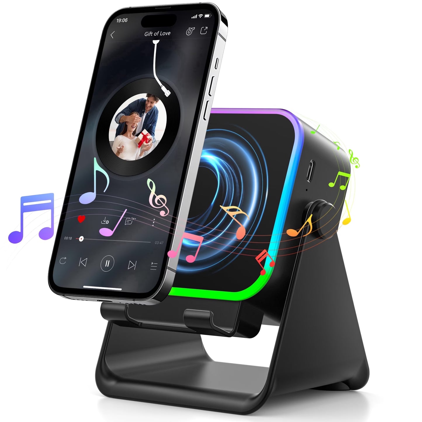 Wireless Induction Speaker, 6 in 1 Cell Phone Stand with Bluetooth Speaker, HD Stereo Sound, 5000Mah Rechargeable, Colorful Ambient Light, Compatible with Iphone/Android/Ipad, Gifts for Men Women