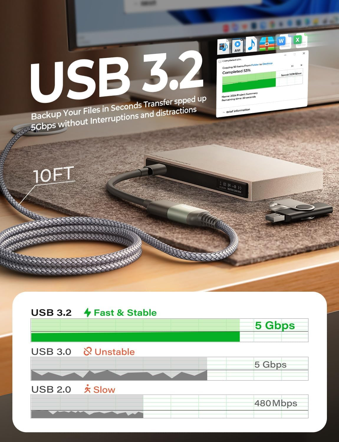 10FT USB 3.0 Extension Cable, Male to Female High-Speed Data Transfer Cord, Compatible with Webcam, USB Keyboard, Flash Drive, Hard Drive, and Printer, Grey