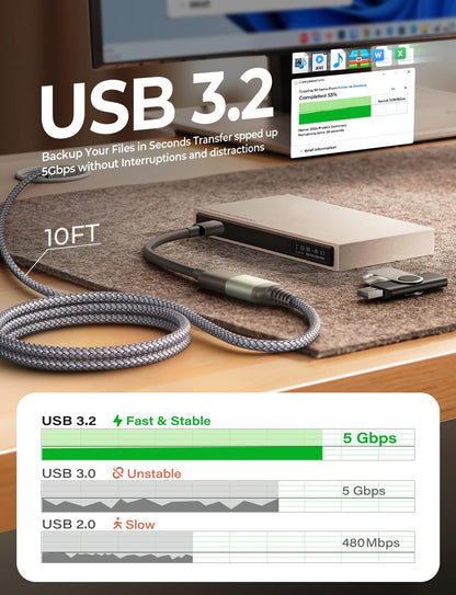 10FT USB 3.0 Extension Cable, Male to Female High-Speed Data Transfer Cord, Compatible with Webcam, USB Keyboard, Flash Drive, Hard Drive, and Printer, Grey