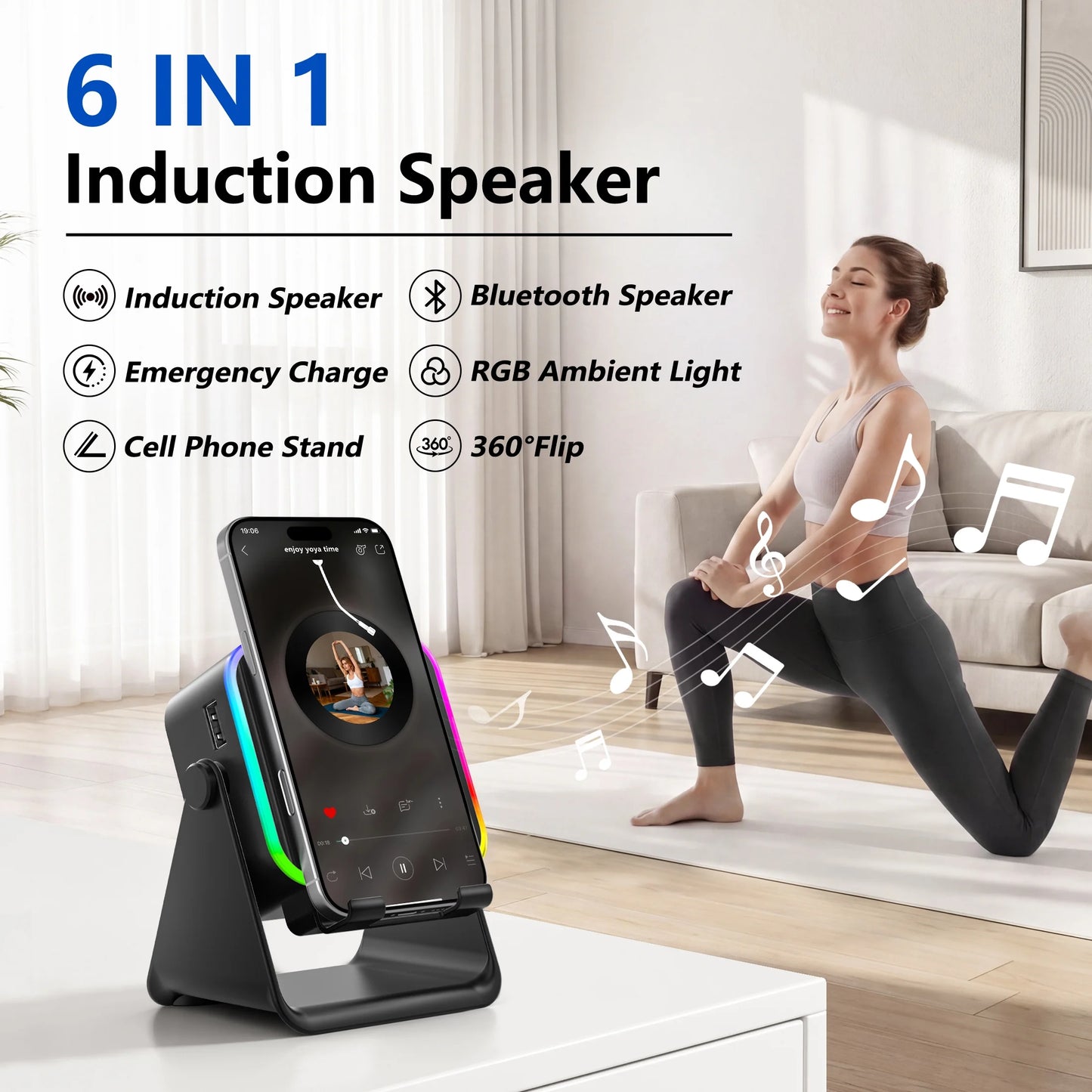 Wireless Induction Speaker, 6 in 1 Cell Phone Stand with Bluetooth Speaker, HD Stereo Sound, 5000Mah Rechargeable, Colorful Ambient Light, Compatible with Iphone/Android/Ipad, Gifts for Men Women