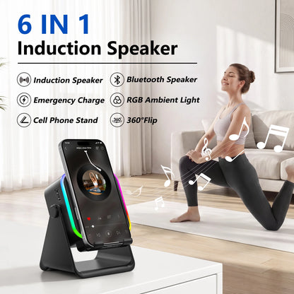 Wireless Induction Speaker, 6 in 1 Cell Phone Stand with Bluetooth Speaker, HD Stereo Sound, 5000Mah Rechargeable, Colorful Ambient Light, Compatible with Iphone/Android/Ipad, Gifts for Men Women