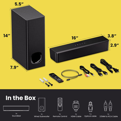 2.1 Compact Sound Bars for TV with Subwoofer, HDMI Arc/Bluetooth 5.0/Optical/Aux/Rca Connection, Remote Control, Adjustable Bass, Wall Mountable – P15, 140W, 16 Inch, Black
