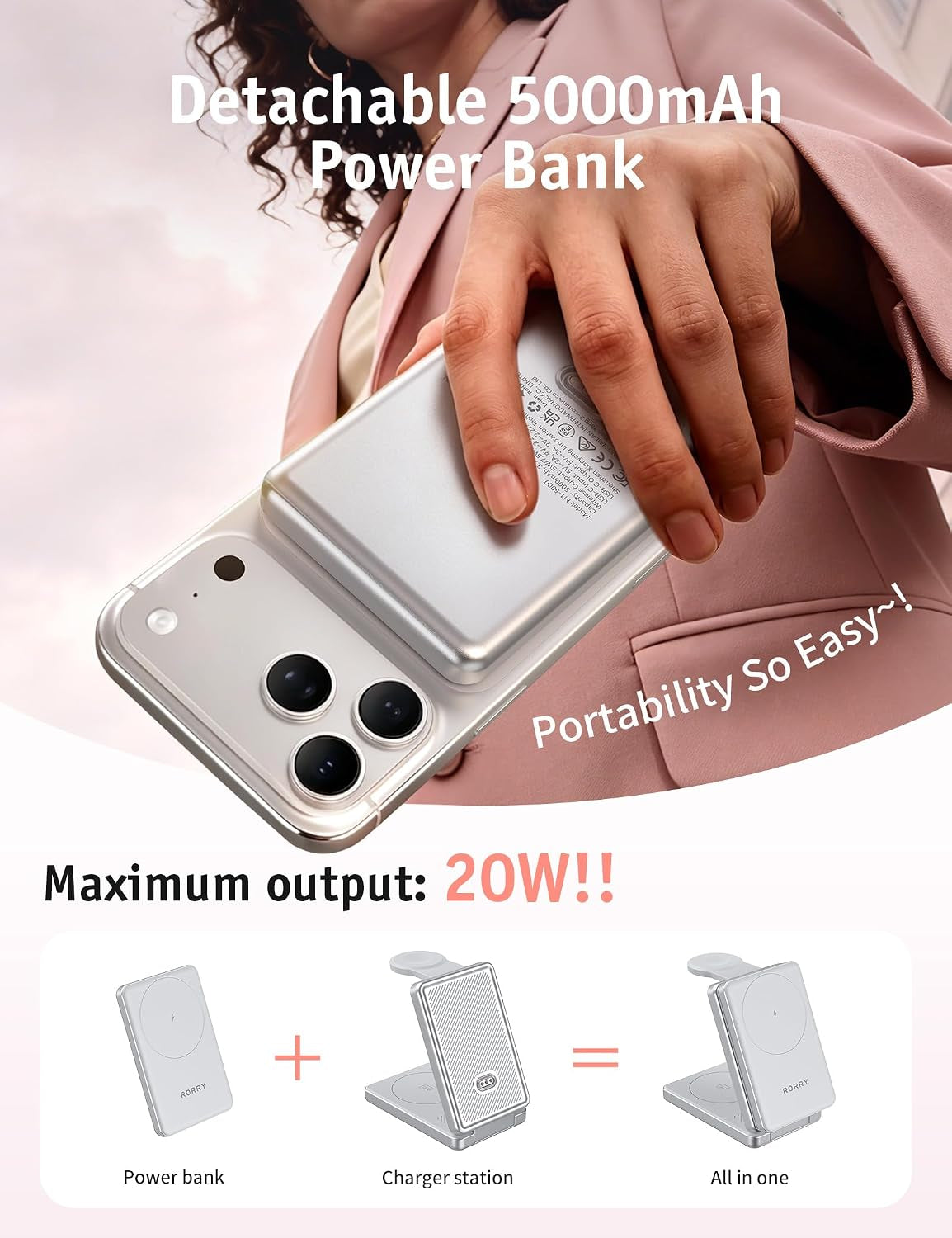 4 in 1 Wireless Phone Charging Station for Apple &5000Mah Power Bank | 20W Magnetic Fast Charging, Detachable Magnetic Portable Charger, Travel Essential for Apple Devices,  Aurodock