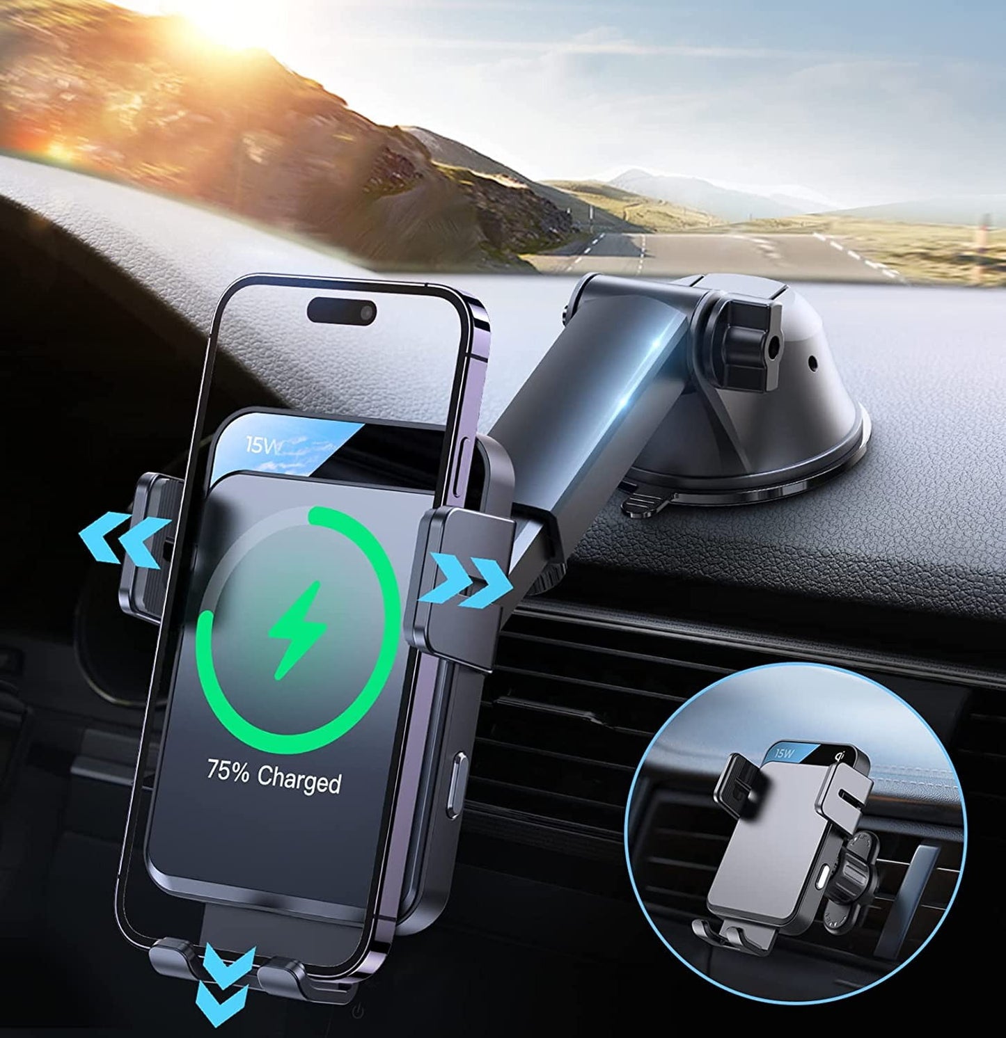 3 in 1 Wireless Car Charger, 15W Fast Charging Phone Car Mount Auto-Clamping Windshield Dashboard Air Vent Car Phone Holder for Iphone, Samsung, All Smartphones