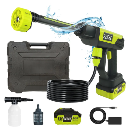 SEESE Cordless Pressure Washer with Single-Port Charger Base and Portable Water Bottle for Car Washing, Home Cleaning, and Garden Watering