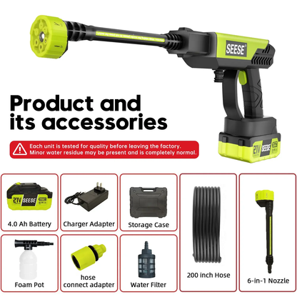 SEESE Cordless Pressure Washer with Single-Port Charger Base and Portable Water Bottle for Car Washing, Home Cleaning, and Garden Watering