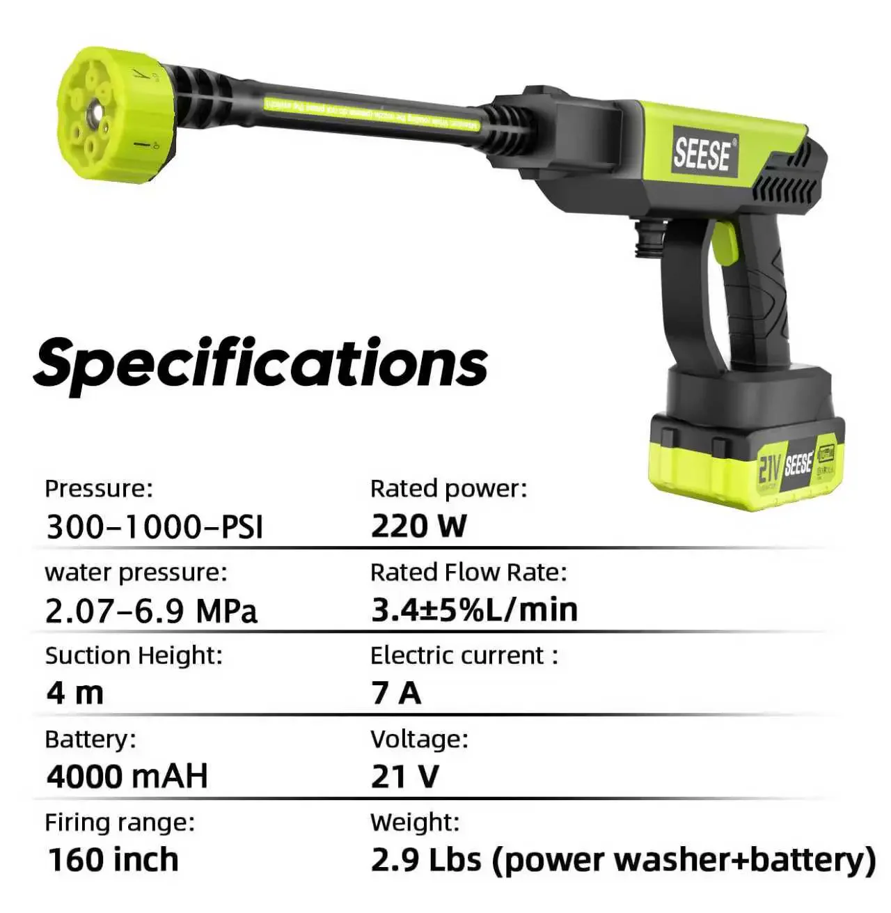 SEESE Cordless Pressure Washer with Single-Port Charger Base and Portable Water Bottle for Car Washing, Home Cleaning, and Garden Watering