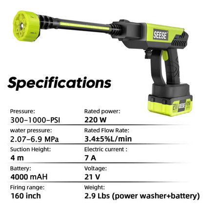 SEESE Cordless Pressure Washer with Single-Port Charger Base and Portable Water Bottle for Car Washing, Home Cleaning, and Garden Watering