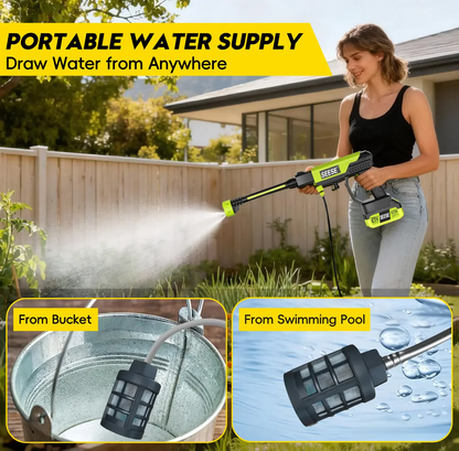 SEESE Cordless Pressure Washer with Single-Port Charger Base and Portable Water Bottle for Car Washing, Home Cleaning, and Garden Watering