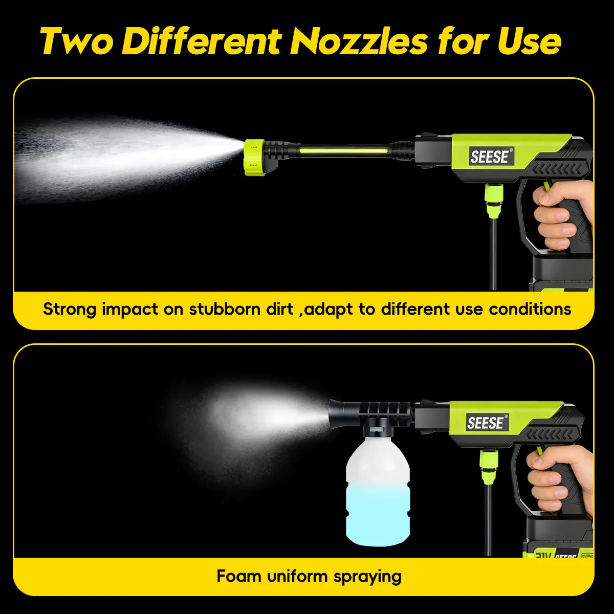 SEESE Cordless Pressure Washer with Single-Port Charger Base and Portable Water Bottle for Car Washing, Home Cleaning, and Garden Watering