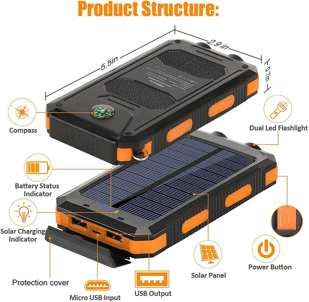 Solar Power Bank 50000Mah Portable Charging Poverbank External Battery Charger Strong Light LDE Light for All Smartphones