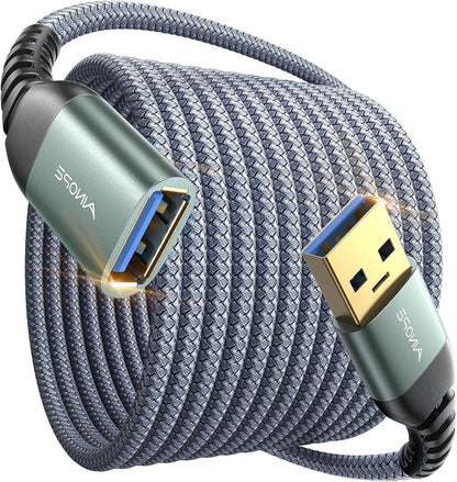 10FT USB 3.0 Extension Cable, Male to Female High-Speed Data Transfer Cord, Compatible with Webcam, USB Keyboard, Flash Drive, Hard Drive, and Printer, Grey