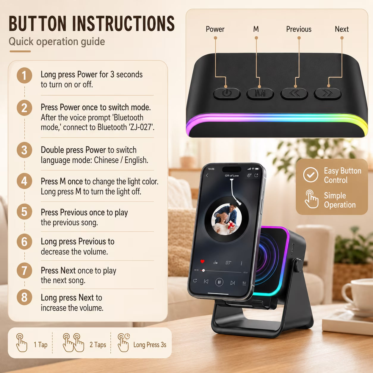 Wireless Induction Speaker, 6 in 1 Cell Phone Stand with Bluetooth Speaker, HD Stereo Sound, 5000Mah Rechargeable, Colorful Ambient Light, Compatible with Iphone/Android/Ipad, Gifts for Men Women