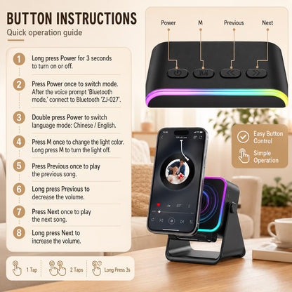 Wireless Induction Speaker, 6 in 1 Cell Phone Stand with Bluetooth Speaker, HD Stereo Sound, 5000Mah Rechargeable, Colorful Ambient Light, Compatible with Iphone/Android/Ipad, Gifts for Men Women