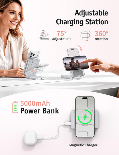4 in 1 Wireless Phone Charging Station for Apple &5000Mah Power Bank | 20W Magnetic Fast Charging, Detachable Magnetic Portable Charger, Travel Essential for Apple Devices,  Aurodock