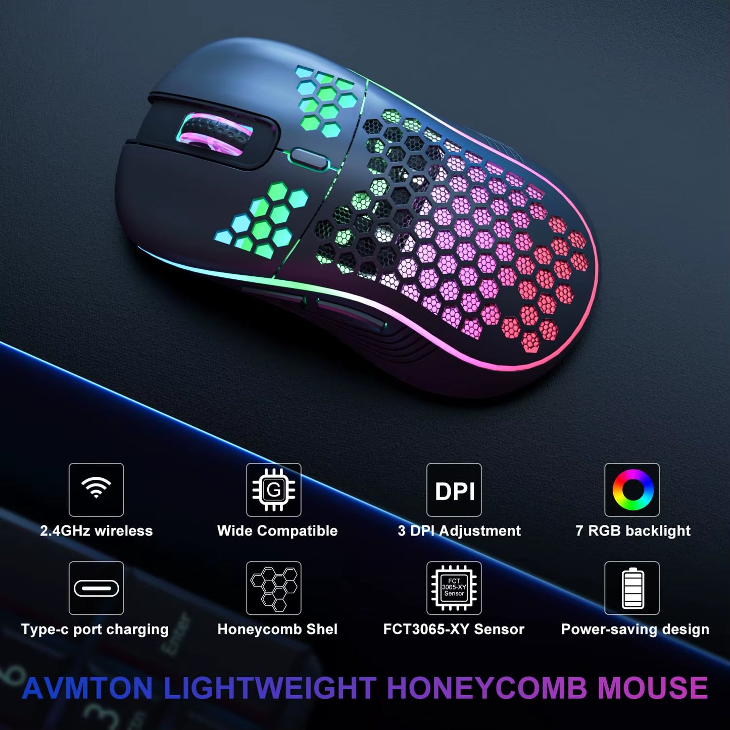 2.4G Wireless Rechargeable Mouse with Honeycomb Design, RGB Backlight, USB Receiver, and Adjustable DPI