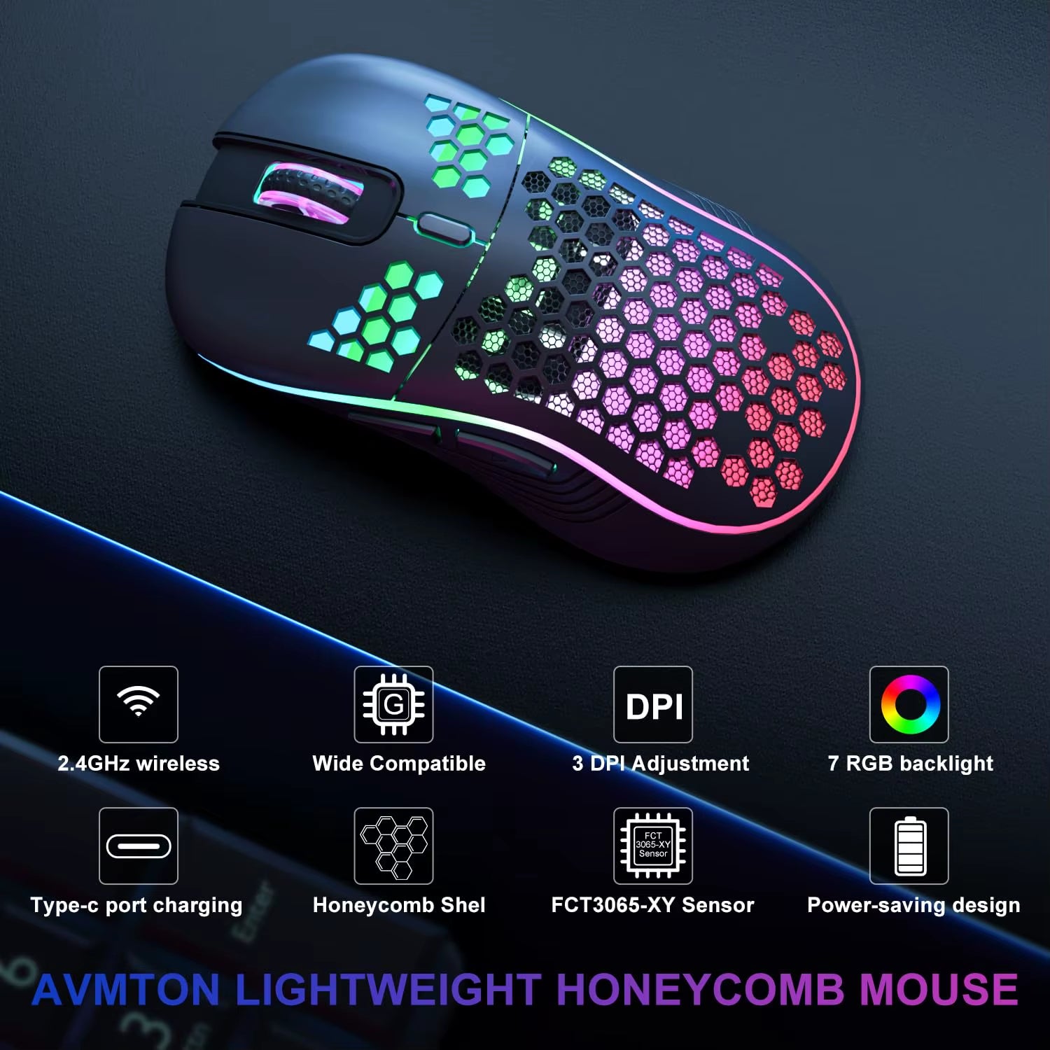 2.4G Wireless Rechargeable Mouse with Honeycomb Design, RGB Backlight, USB Receiver, and Adjustable DPI