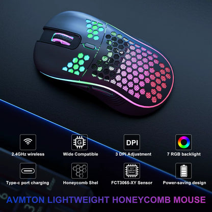 2.4G Wireless Rechargeable Mouse with Honeycomb Design, RGB Backlight, USB Receiver, and Adjustable DPI