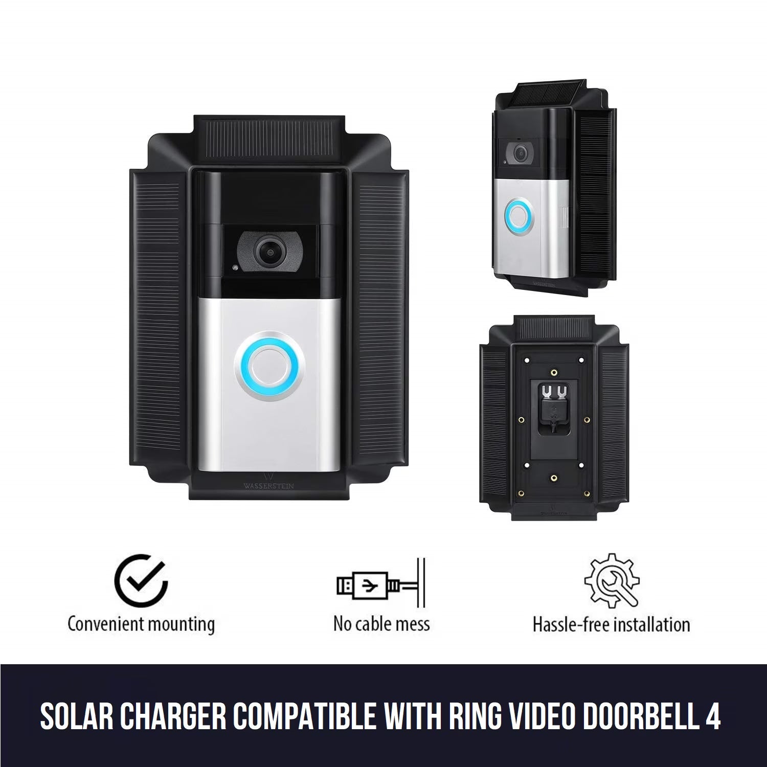 Solar Charger Mount Compatible with R.Ing Video Doorbell 3, 3 plus and 4, R.Ing Doorbell Battery plus and Pro (1 Pack, Black)