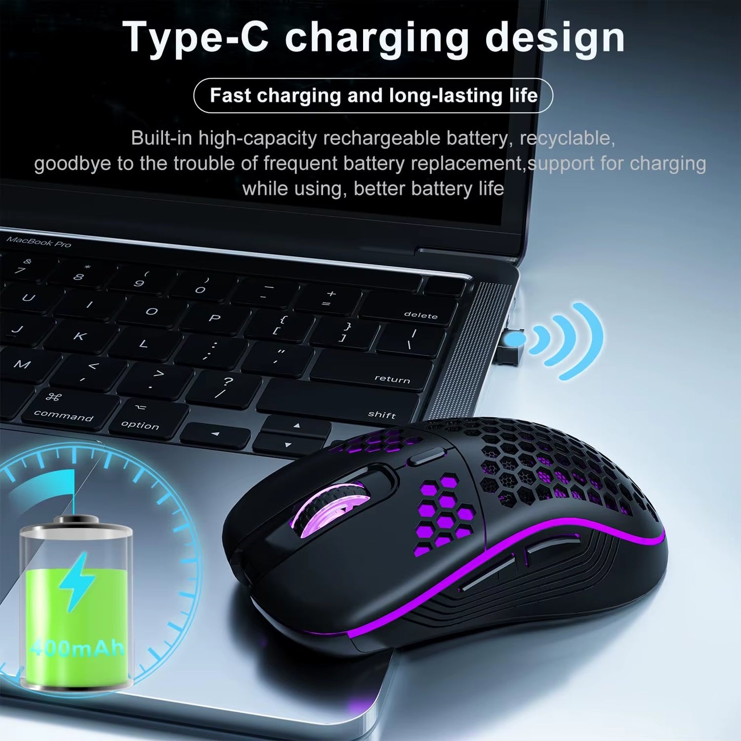 2.4G Wireless Rechargeable Mouse with Honeycomb Design, RGB Backlight, USB Receiver, and Adjustable DPI