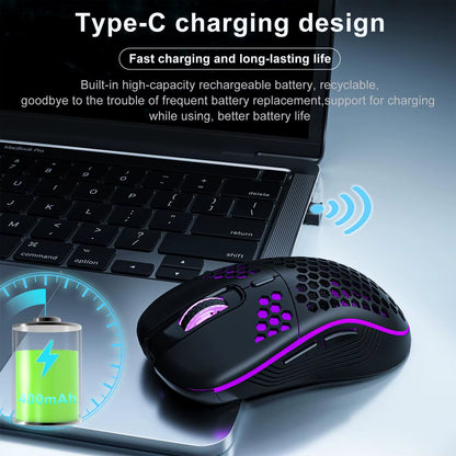 2.4G Wireless Rechargeable Mouse with Honeycomb Design, RGB Backlight, USB Receiver, and Adjustable DPI
