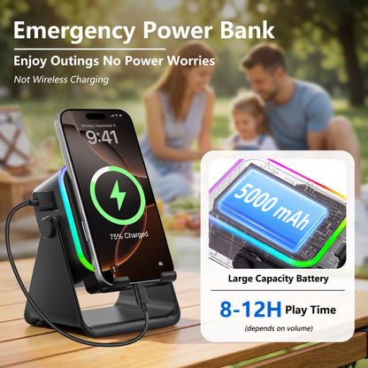 Wireless Induction Speaker, 6 in 1 Cell Phone Stand with Bluetooth Speaker, HD Stereo Sound, 5000Mah Rechargeable, Colorful Ambient Light, Compatible with Iphone/Android/Ipad, Gifts for Men Women