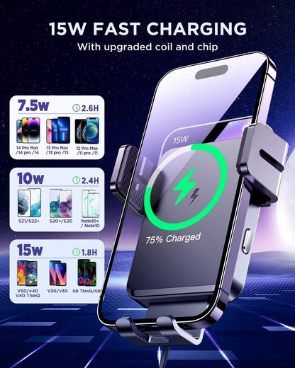 3 in 1 Wireless Car Charger, 15W Fast Charging Phone Car Mount Auto-Clamping Windshield Dashboard Air Vent Car Phone Holder for Iphone, Samsung, All Smartphones