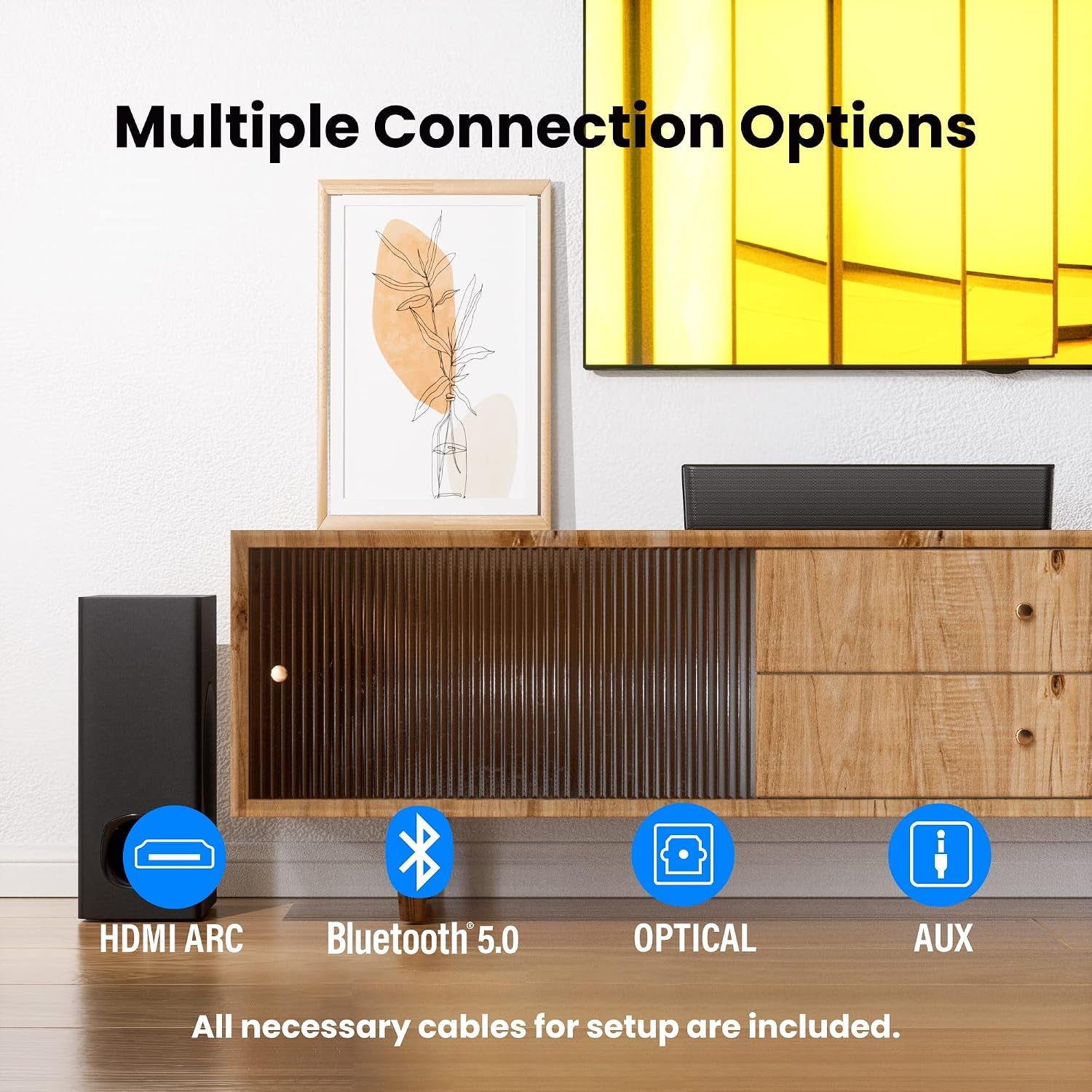 2.1 Compact Sound Bars for TV with Subwoofer, HDMI Arc/Bluetooth 5.0/Optical/Aux/Rca Connection, Remote Control, Adjustable Bass, Wall Mountable – P15, 140W, 16 Inch, Black
